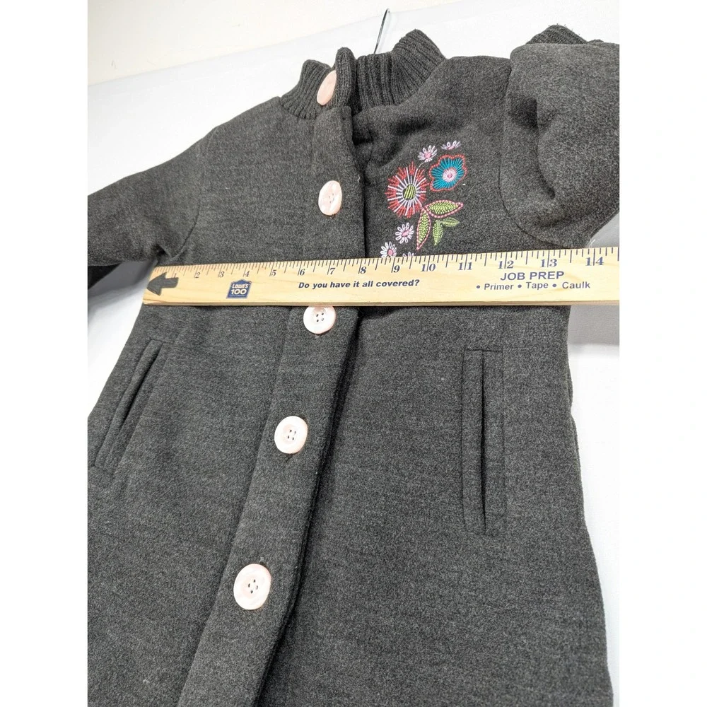 Penelope Mack Girls Dark Gray Button Front Embroidered Flower‎ Coat Size 4T